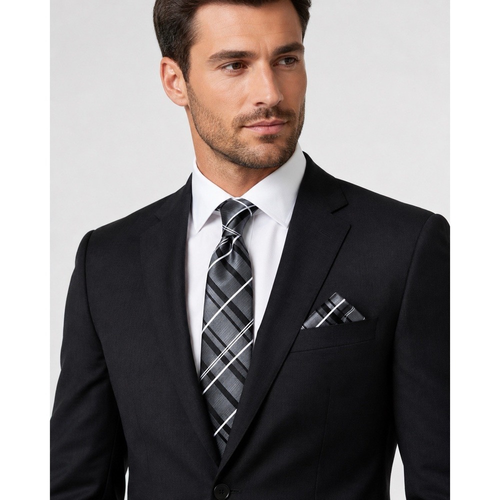 HISDERN Men's Gray Black Plaid Tie & Pocket Square Set New
